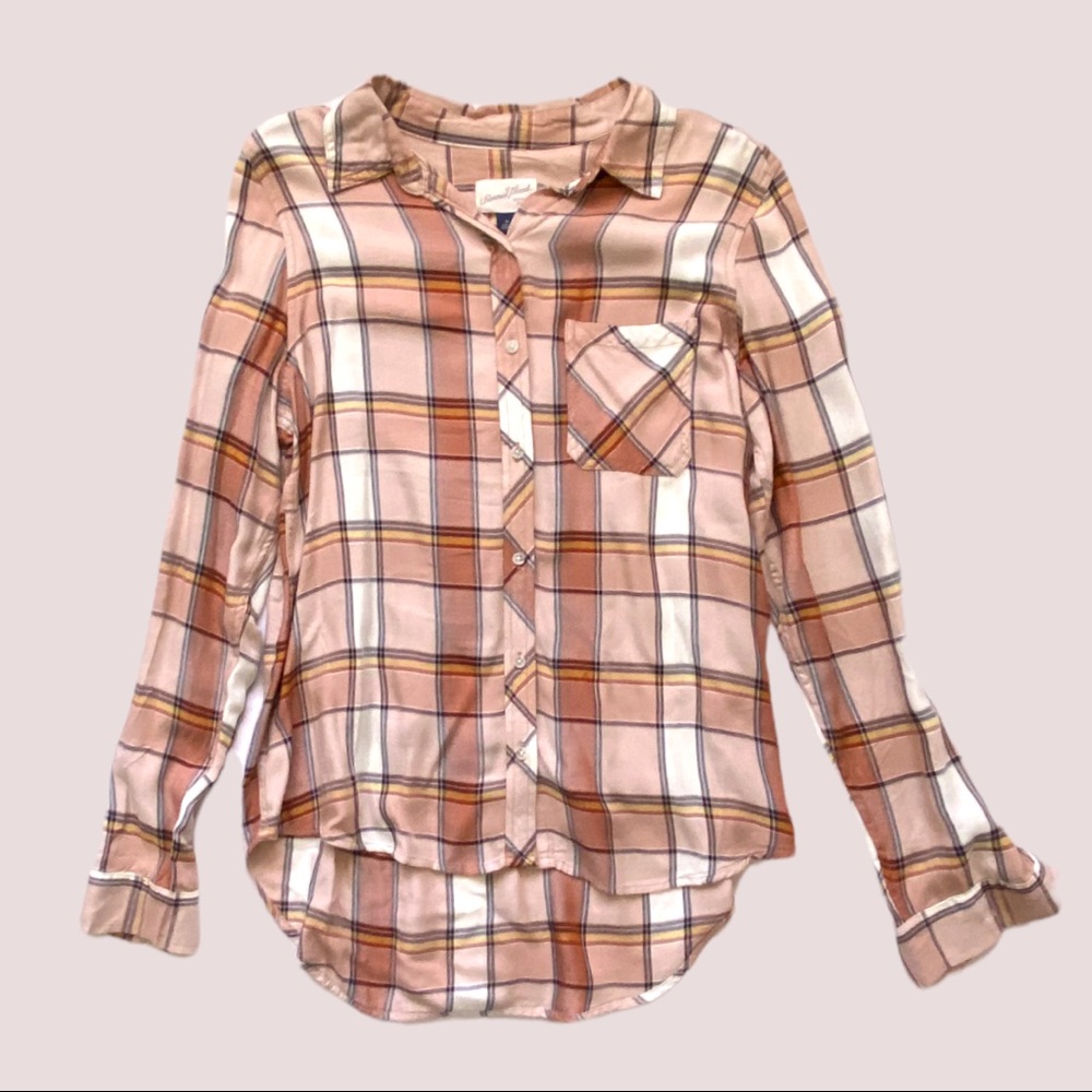 NWT | Drapey, high-low, plaid, button-down collared shirt